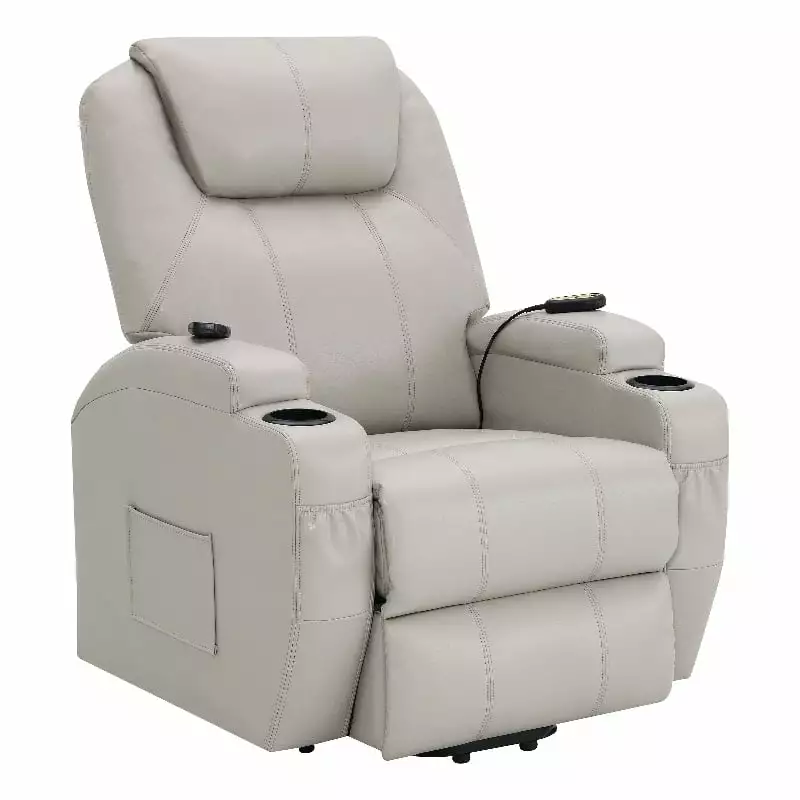 Pemberly Row Faux Leather Power Lift Recliner Chair Massage Beige Finish