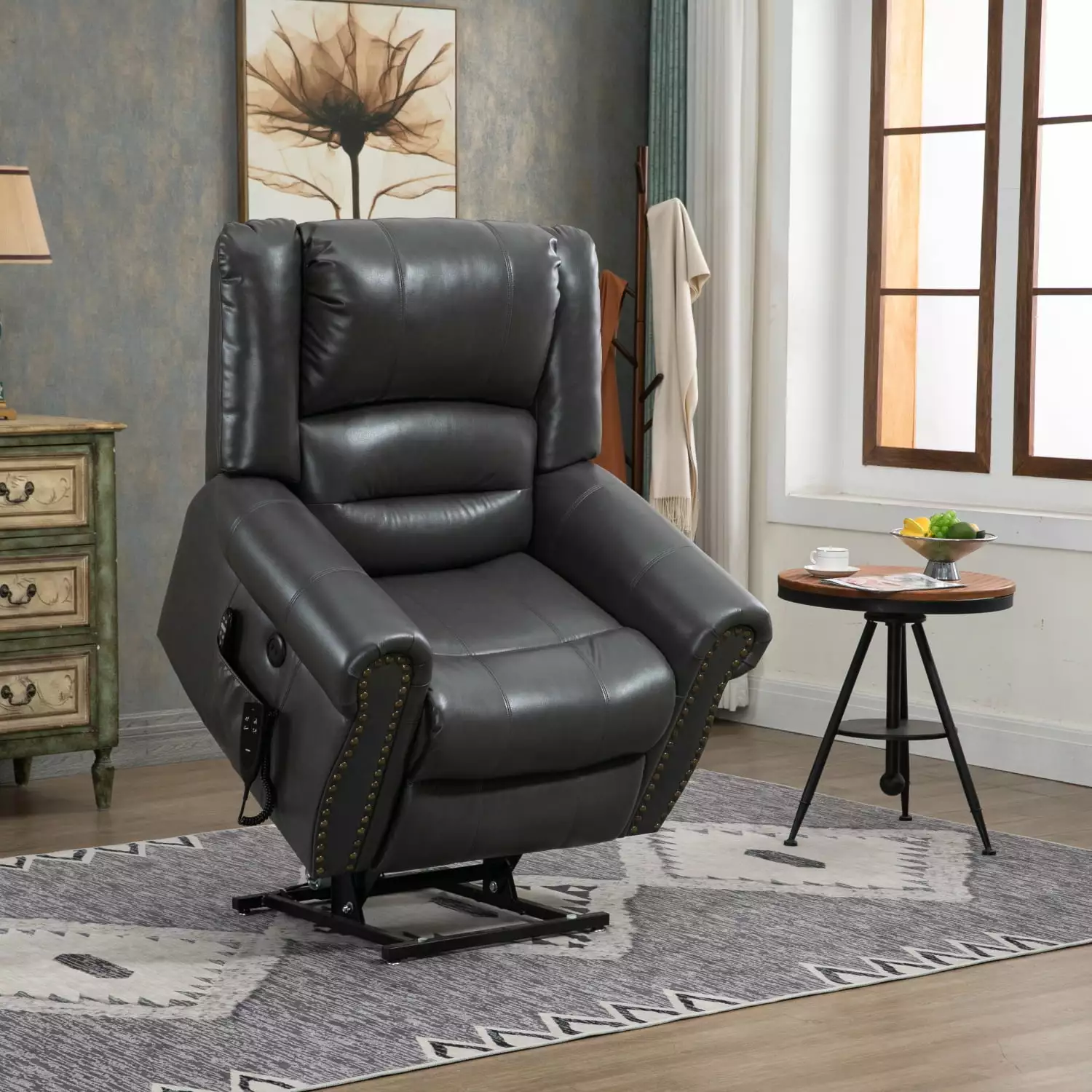 Power Lift Recliner Chair Heat and Massage Grey Faux Leather - Dual Motor Infinite Position Ponnky