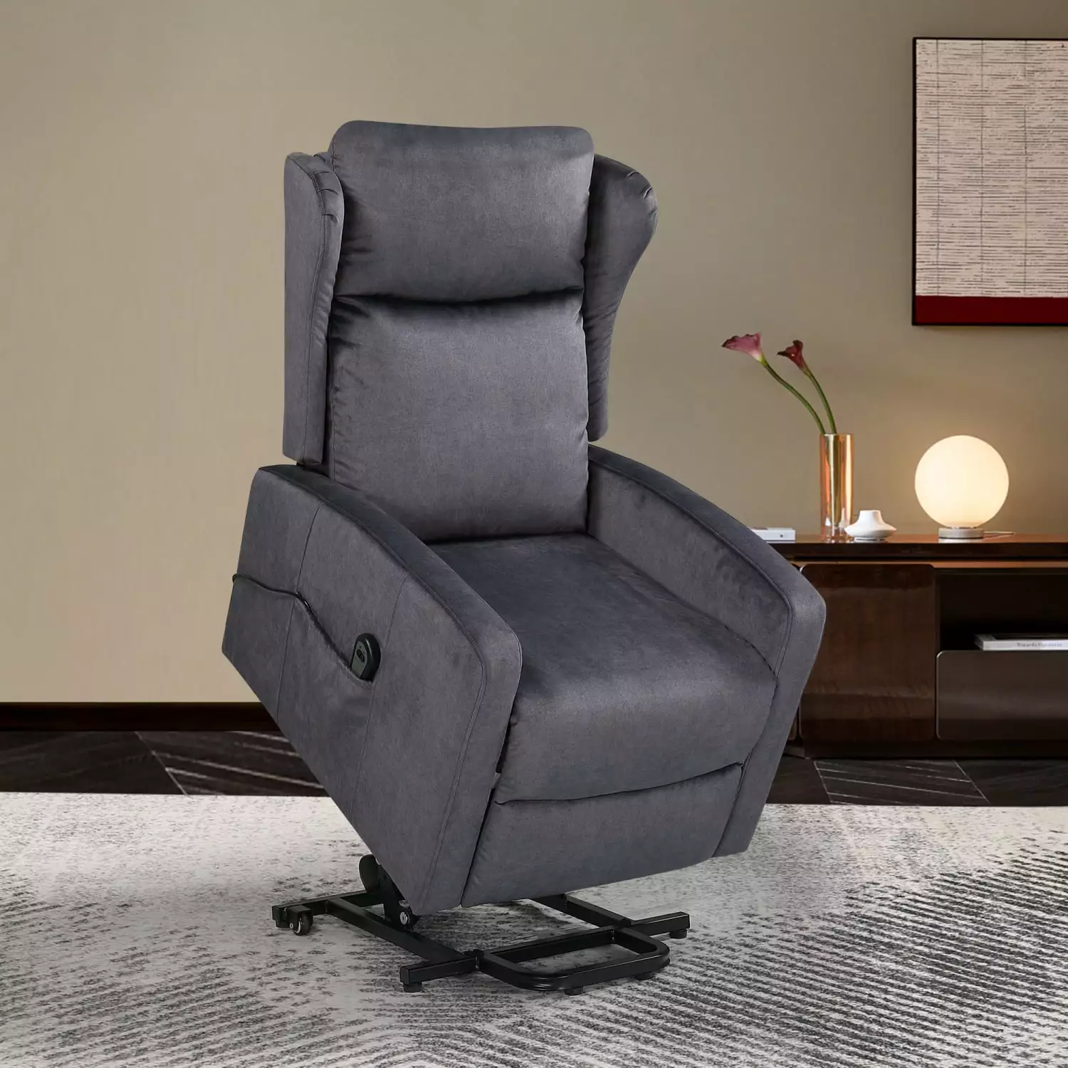 Power Lift Recliner Chair Technical Fabric Grey Remote Control and Side Pocket Ponnky