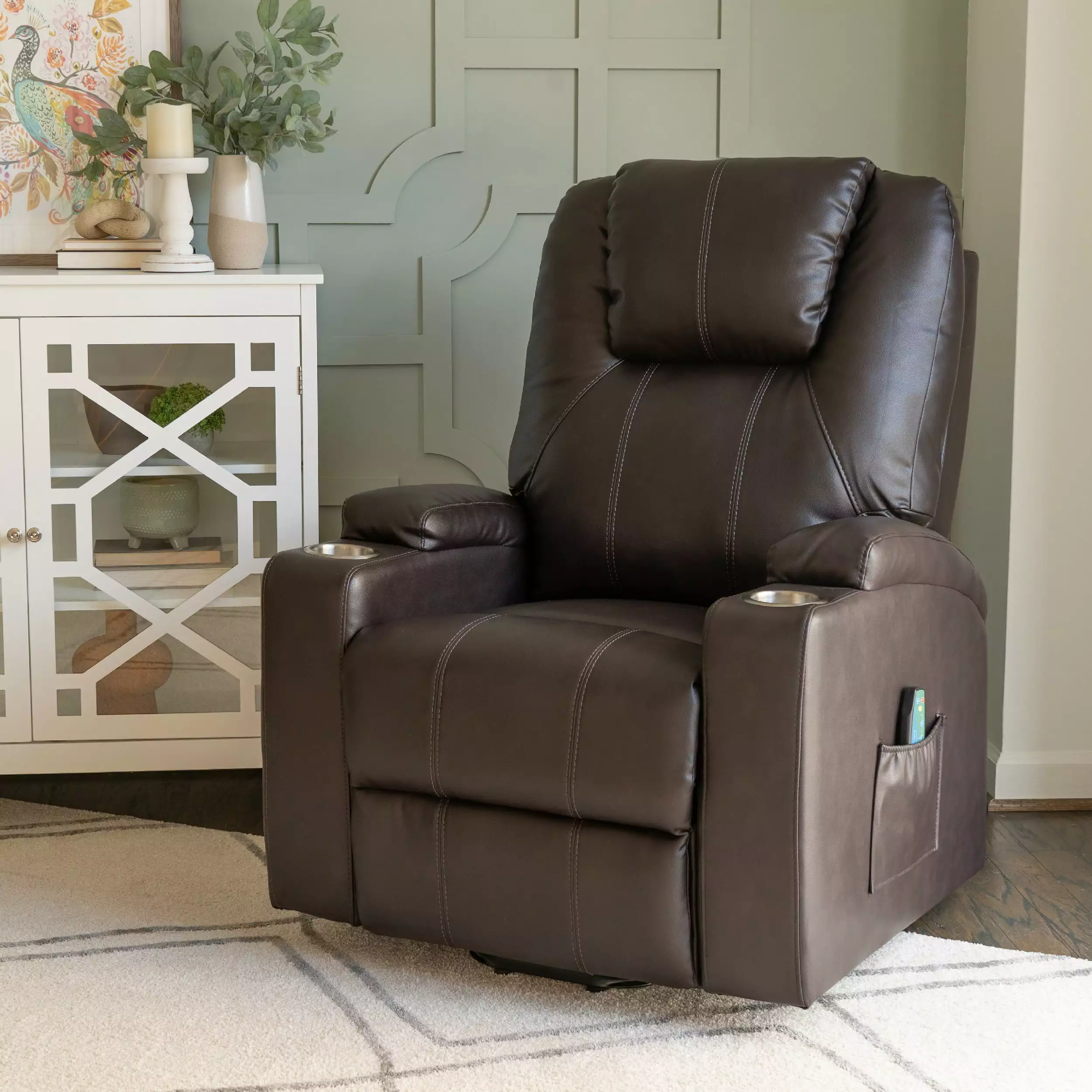 Powell Marciona Power Lift Recliner Chair Heat and Massage Chocolate Faux Leather