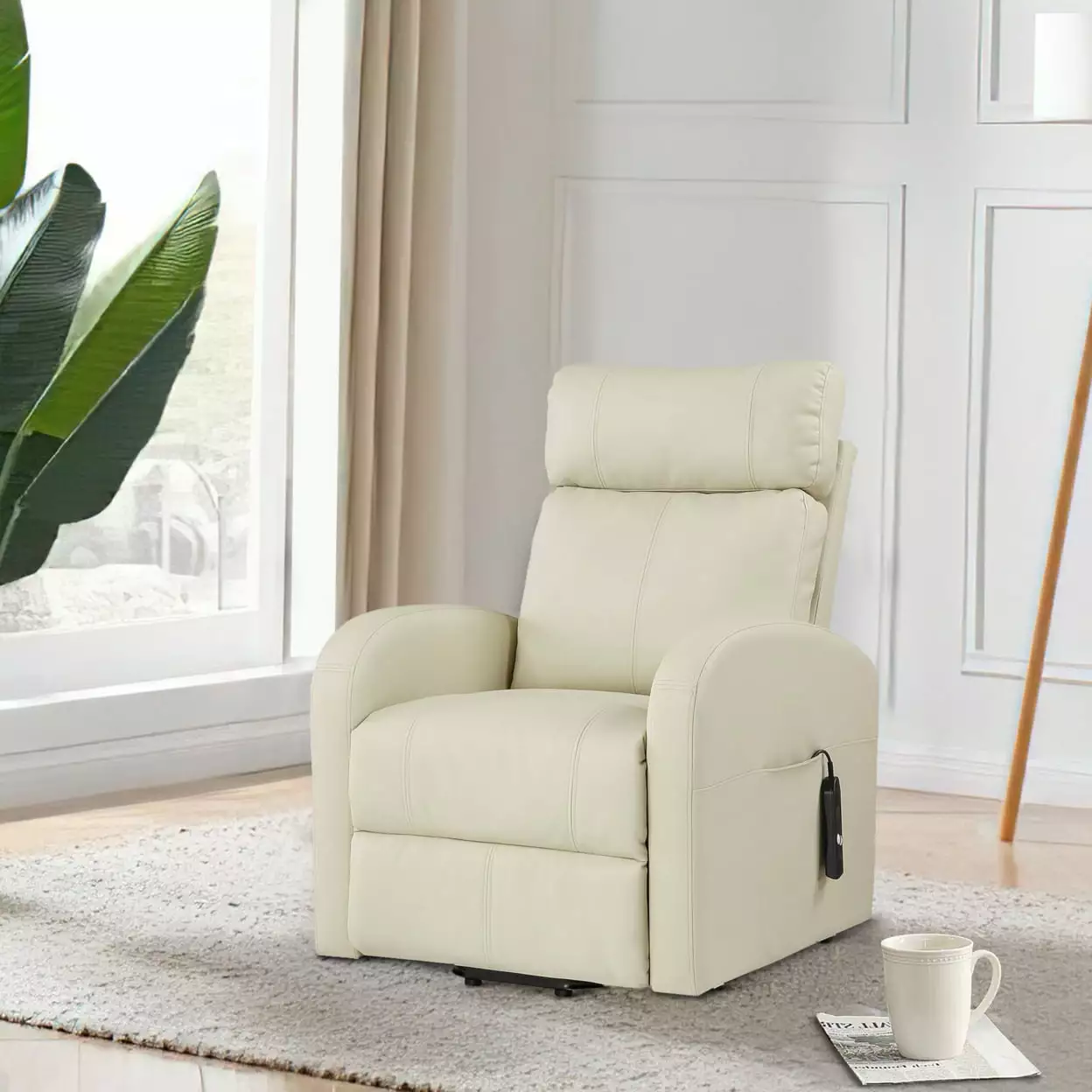 Power Lift Recliner Chair Off White Faux Leather Wired Controller - Saltoro Sherpi