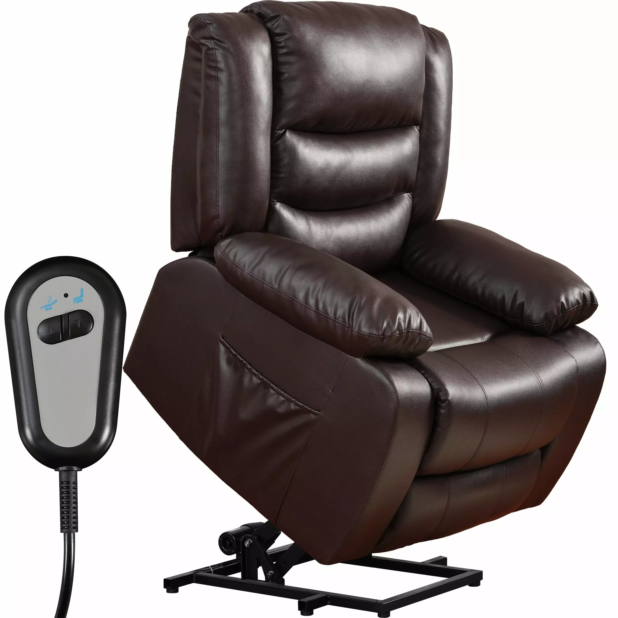 TrumanPick Power Lift Recliner Chair Elderly Side Pockets Faux Leather Brown
