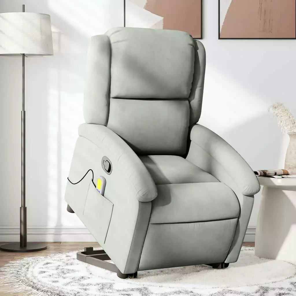 vidaXL Stand up Massage Recliner Chair Light Gray Velvet Power Lift and Remote Control