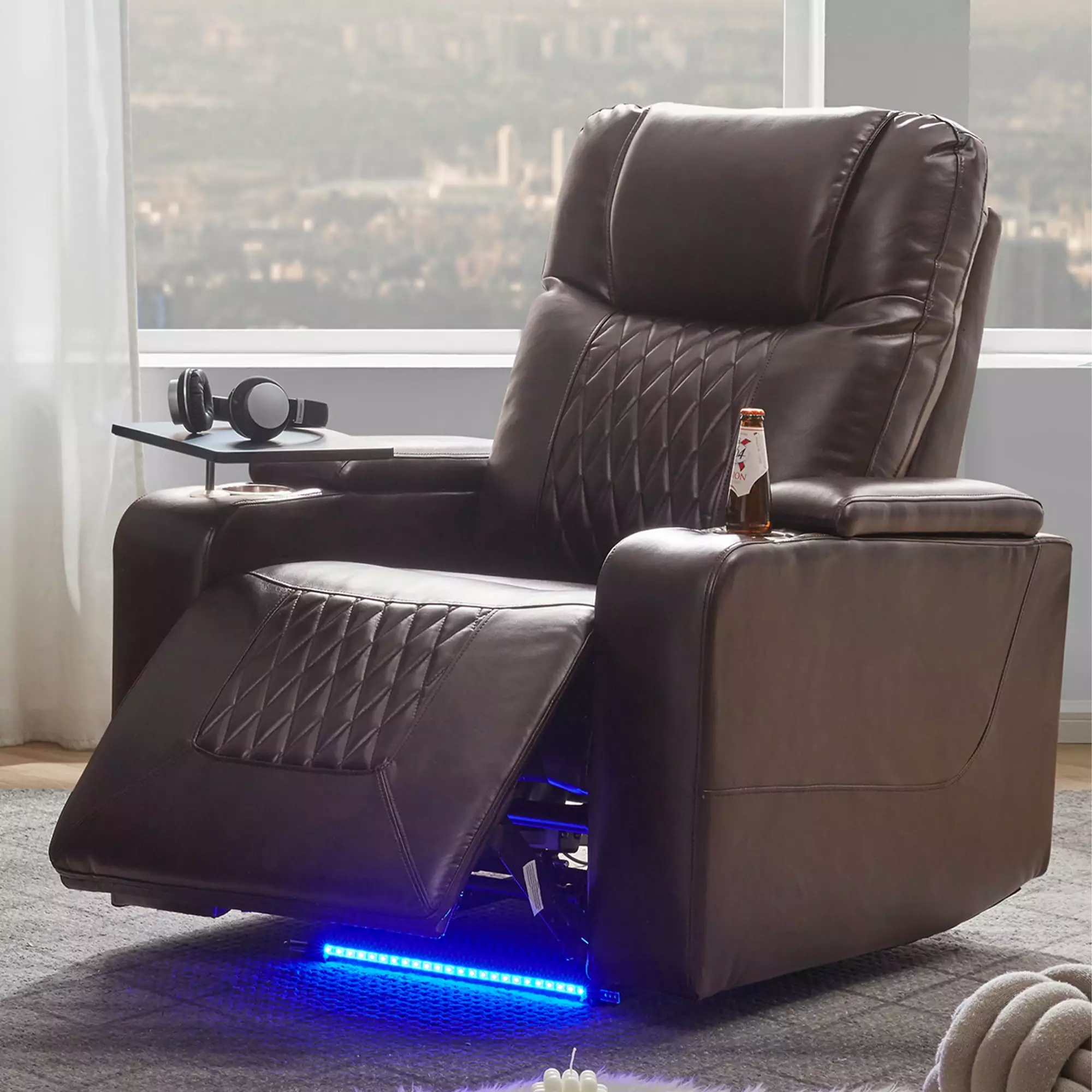 Power Motion Recliner USB Charging Port and Hidden Arm Storage Brown Jamini