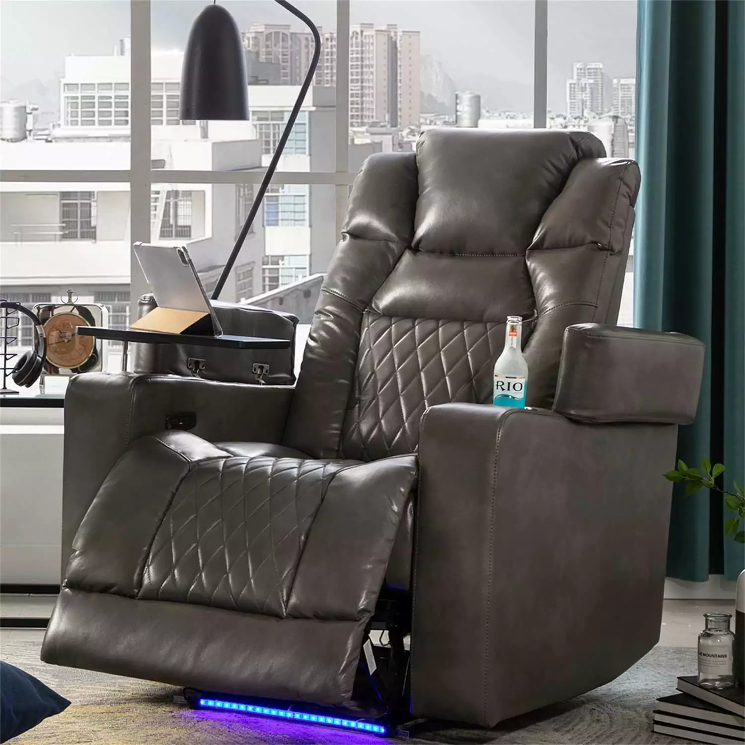Kadyn Power Motion Recliner USB Charging Port Hidden Arm Storage Grey Metal Recliner
