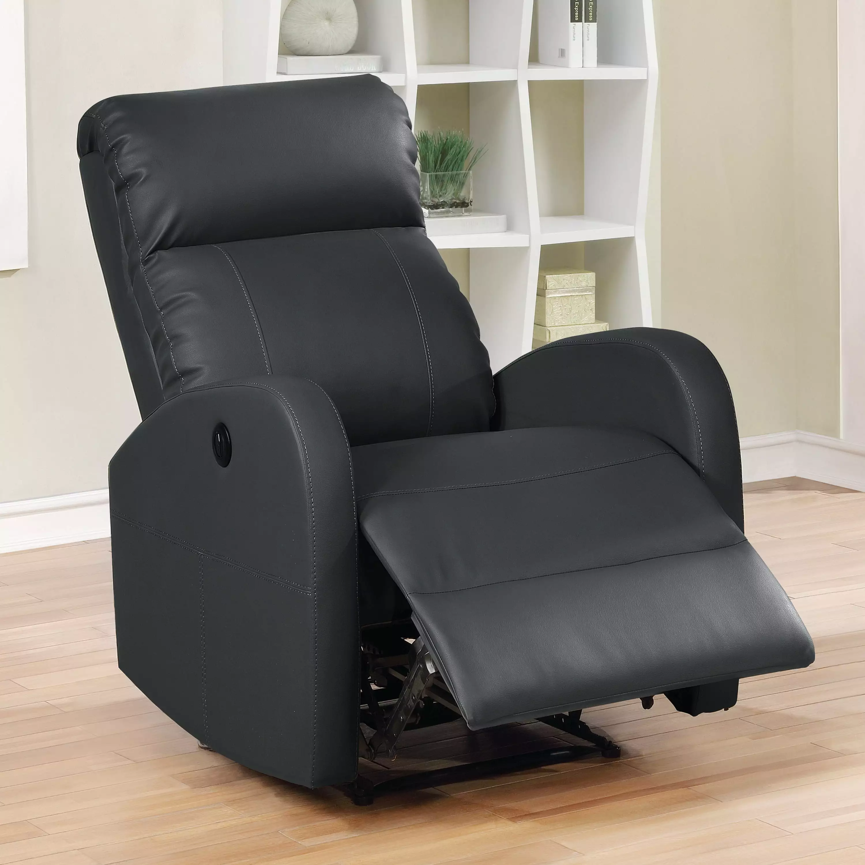 Leather Infused Upholstered Power Reclining Chair Gentle Lumbar Massage Black AC Pacific