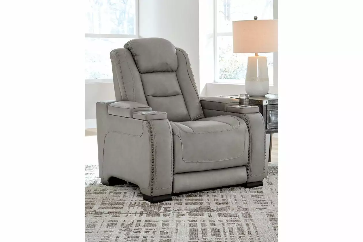 Signature Design Ashley Man-Den Leather Power Recliner Gray - Modern Power Reclining Chair Ashley Furniture
