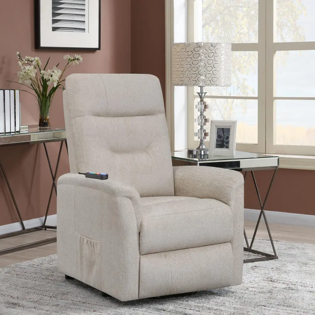 Beige Upholstered Power Lift Recliner Storage Pocket Chenille furniture max