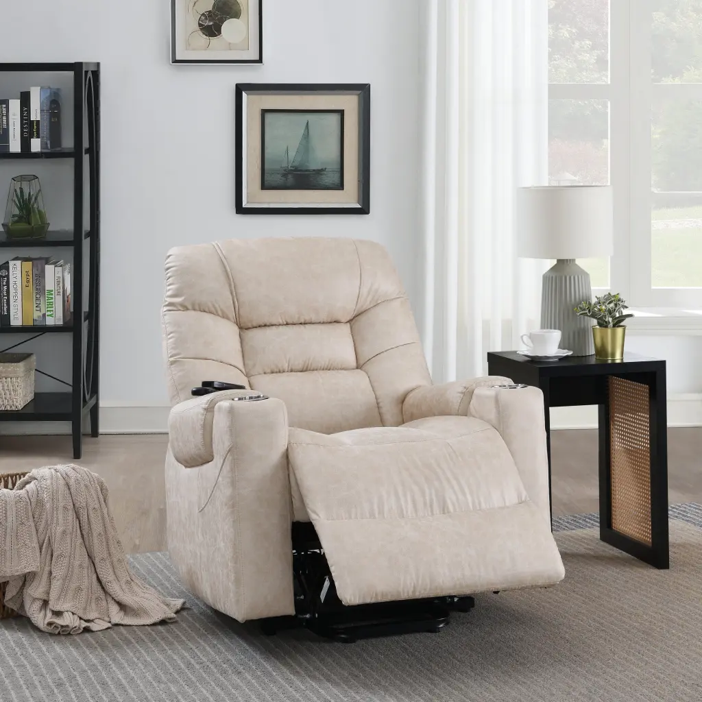 Light Grey Power Lift Recliner Heating And Massage Functions Faux Leather furniture max