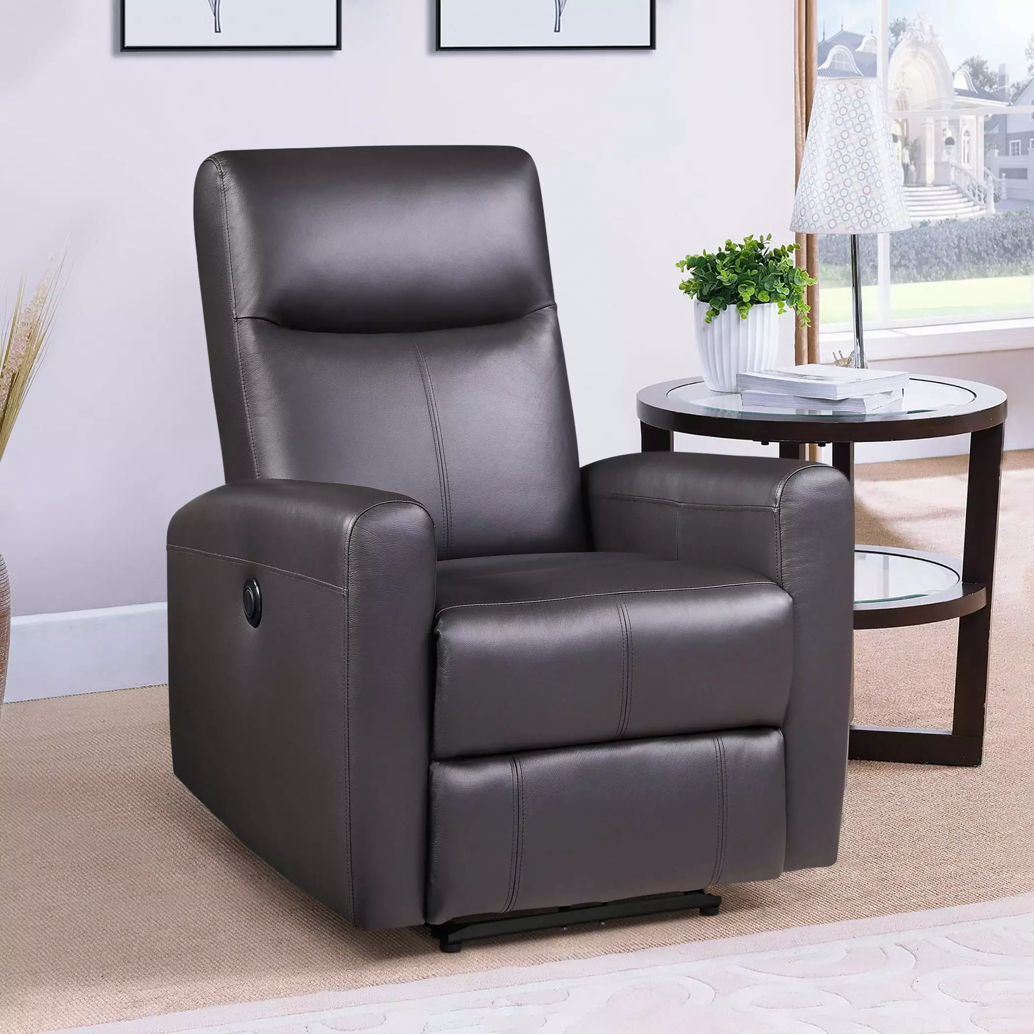 Brown Power Recliner Square Armrest - Comfortable Living Room Chair Jamini
