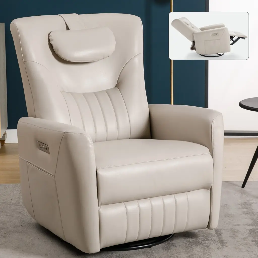 Beige Grey Leather Swivel and Rocker Power Recliner Chair Lumbar Support rnb