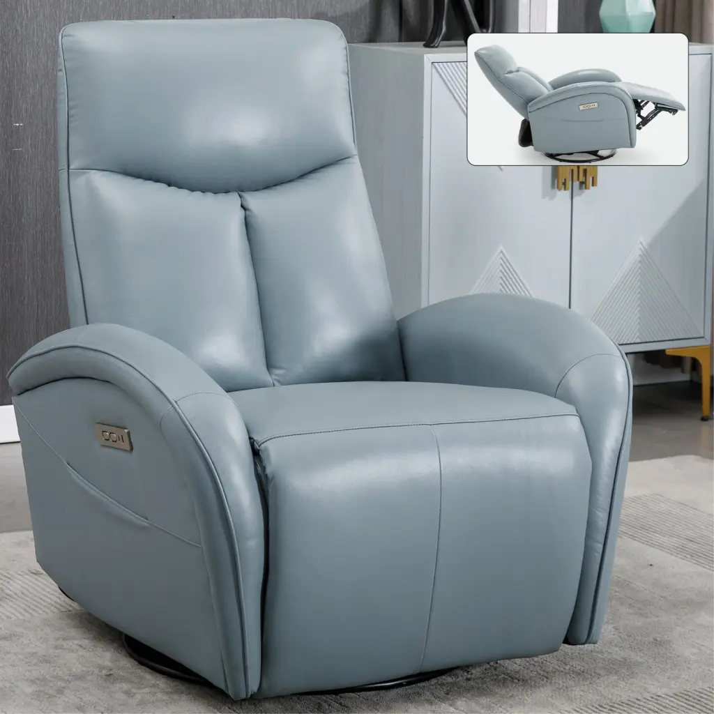 Blue Authentic Leather Swivel And Rocker Power Recliner Chair Lumbar rnb
