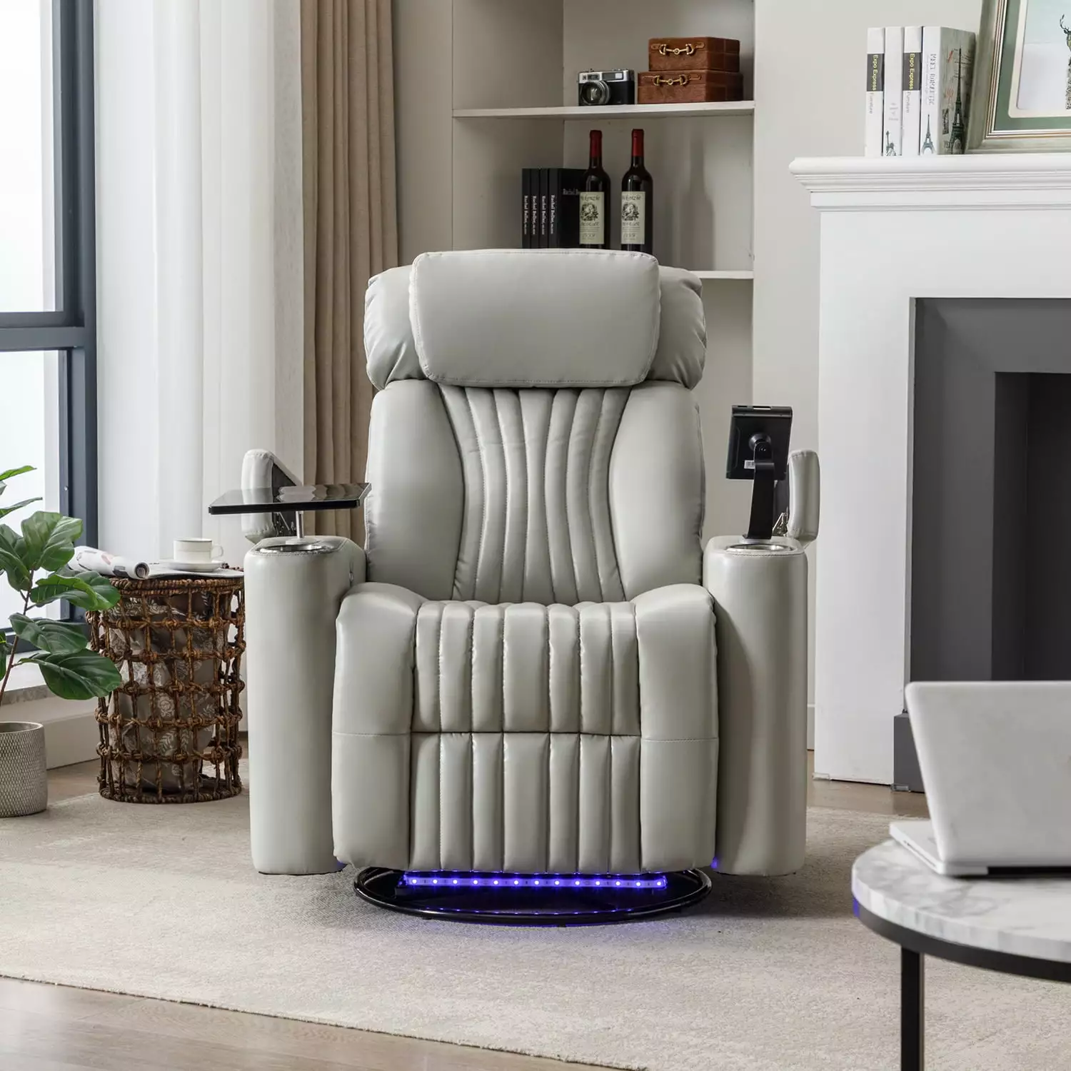 Kadyn 270° Power Swivel Rocker Recliner LED Light Strip, Cup Holder, and 360° Swivel Tray Table Grey