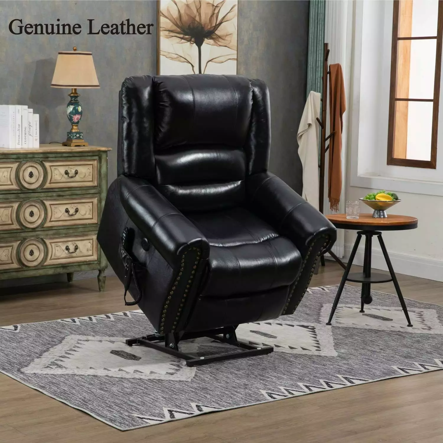 Premium Power Lift Recliner Chair Heat and Massage, Dual Motor, 350 LBS Capacity, Genuine Leather, USB Ports, Black Ponnky