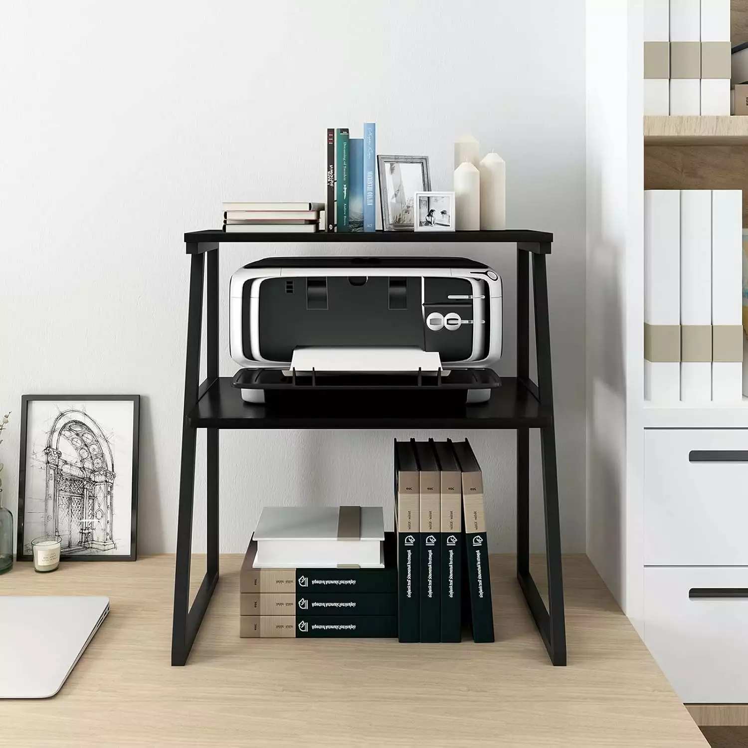 FHWM Three Tier Wooden Printer Shelf Large Capacity Black Office Desk Storage FHWM-CQZ