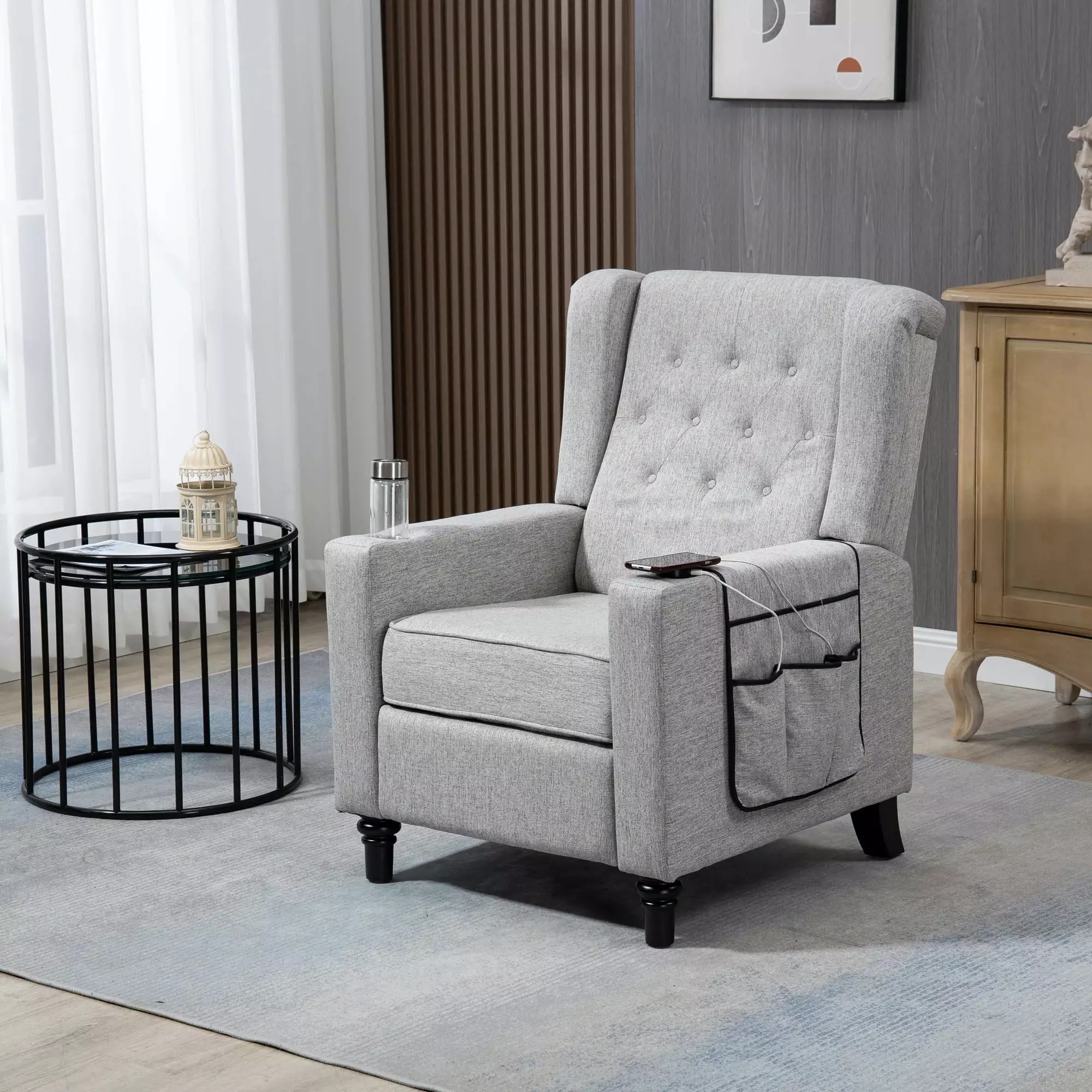 Arm Pushing Recliner Chair Modern Button Tufted Wingback Push Back Recliner Light Gray