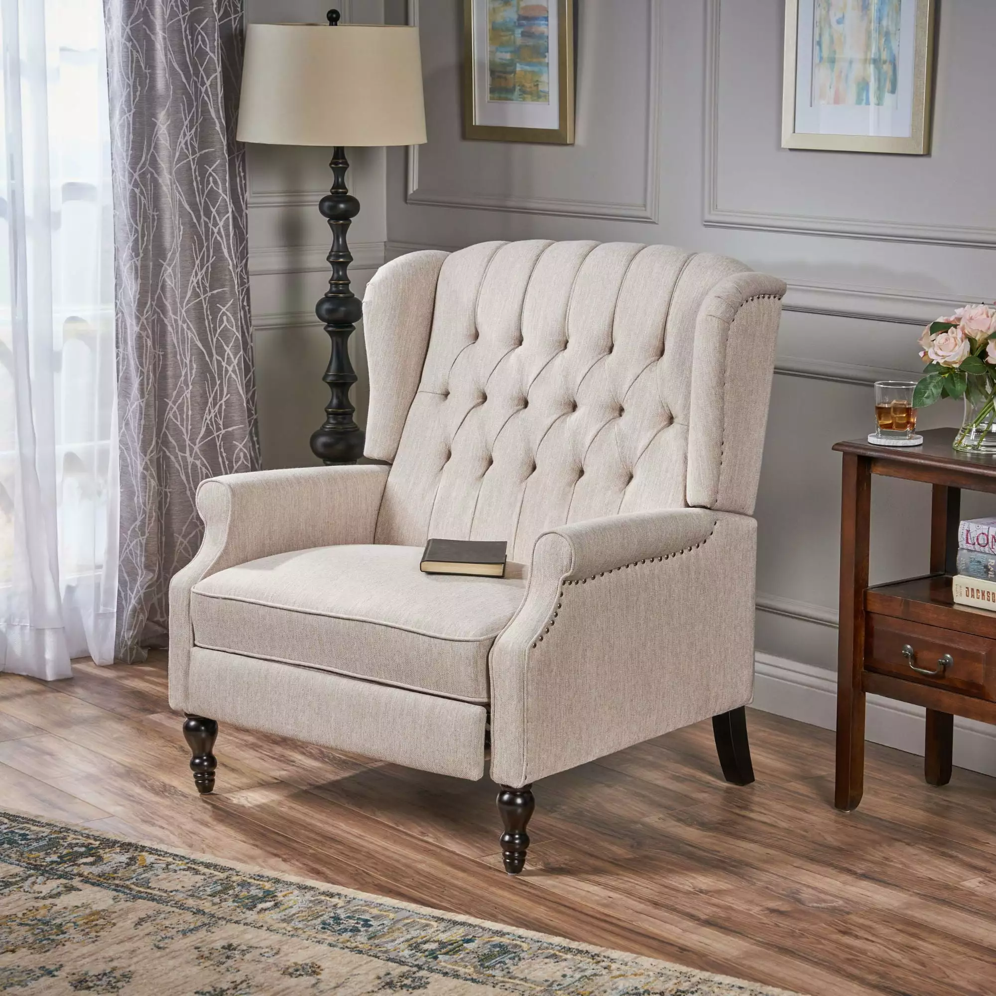 Noble House Barnsfield Oversized Tufted Push Back Recliner Beige Contemporary Home Living