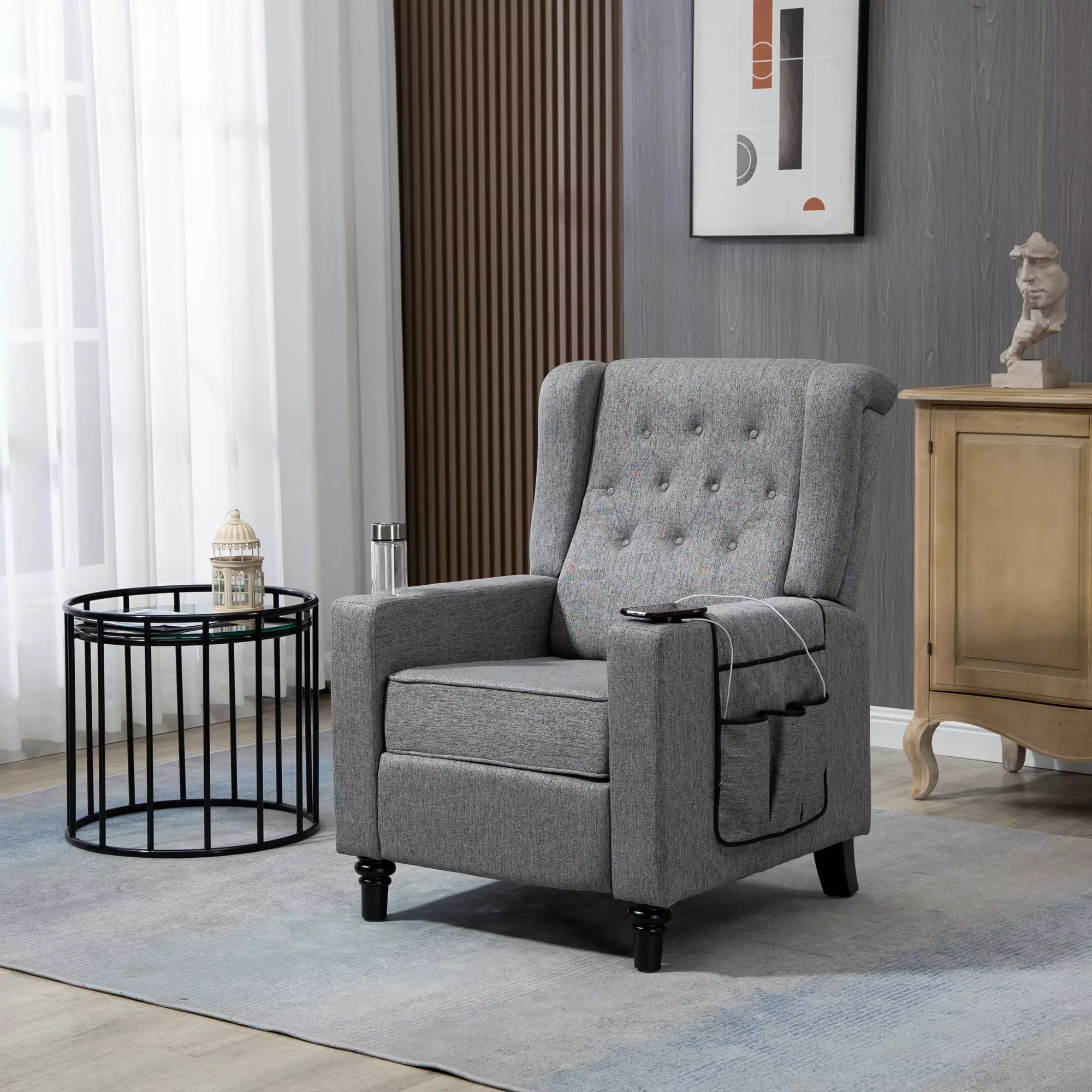 Arm Pushing Recliner Chair Modern Button Tufted Wingback Push Back Recliner Dark Gray Jamini