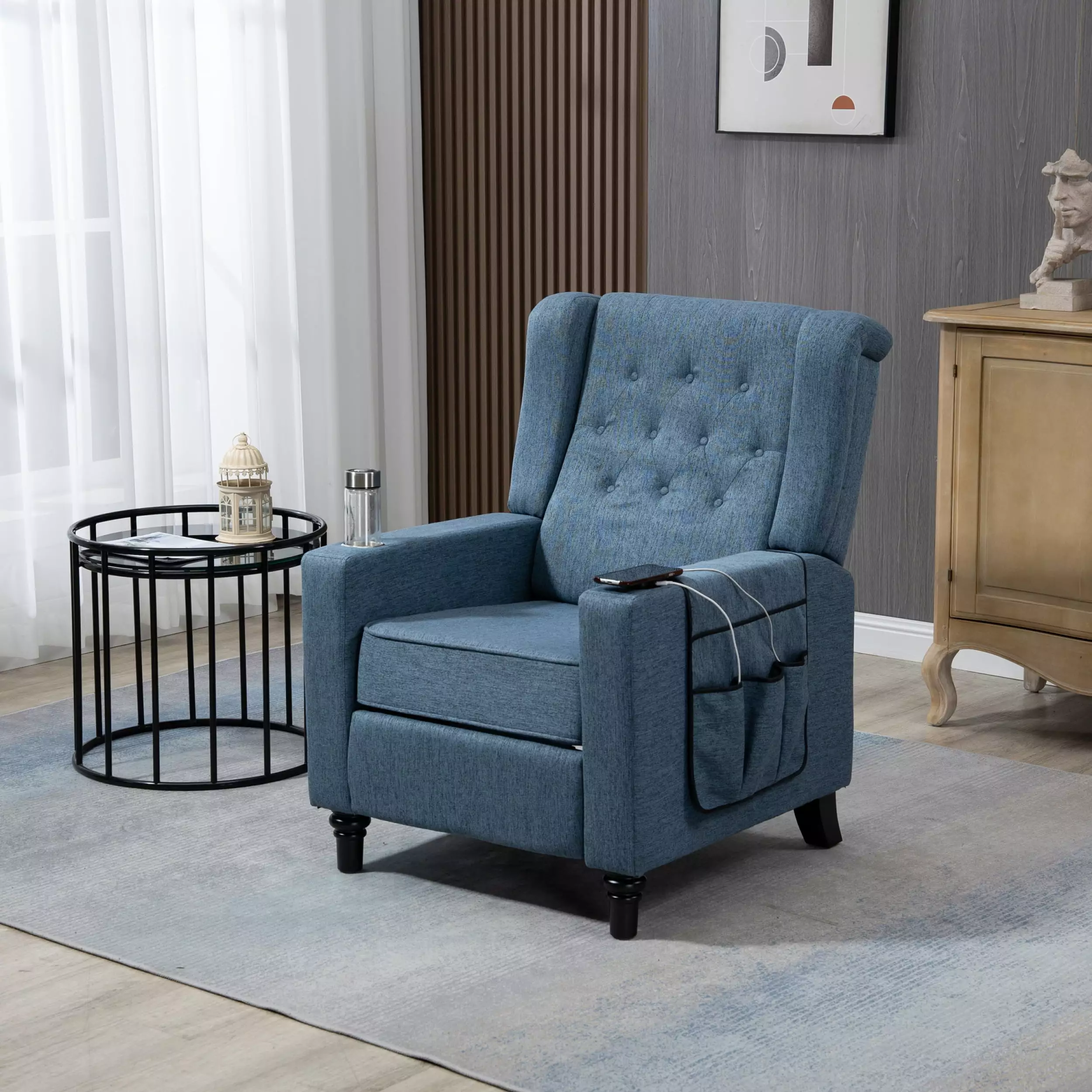 Modern Button Tufted Wingback Push Back Recliner Chair Navy Blue Fabric Living Room Miekor