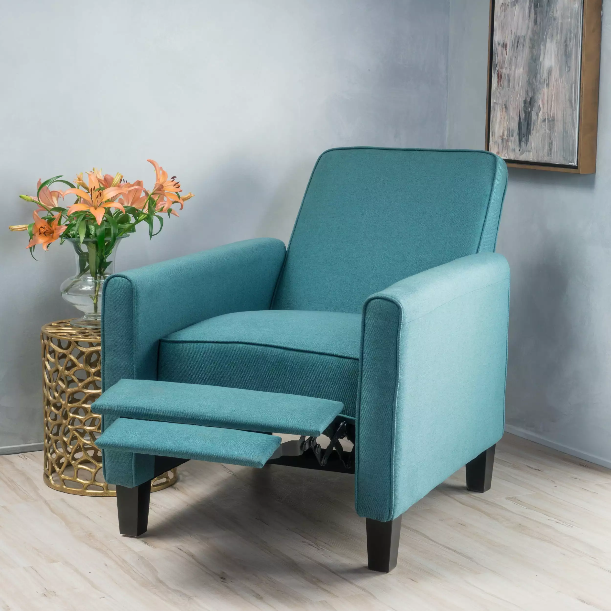 Noble House Arden Standard Blue Fabric Push Back Recliner Chair
