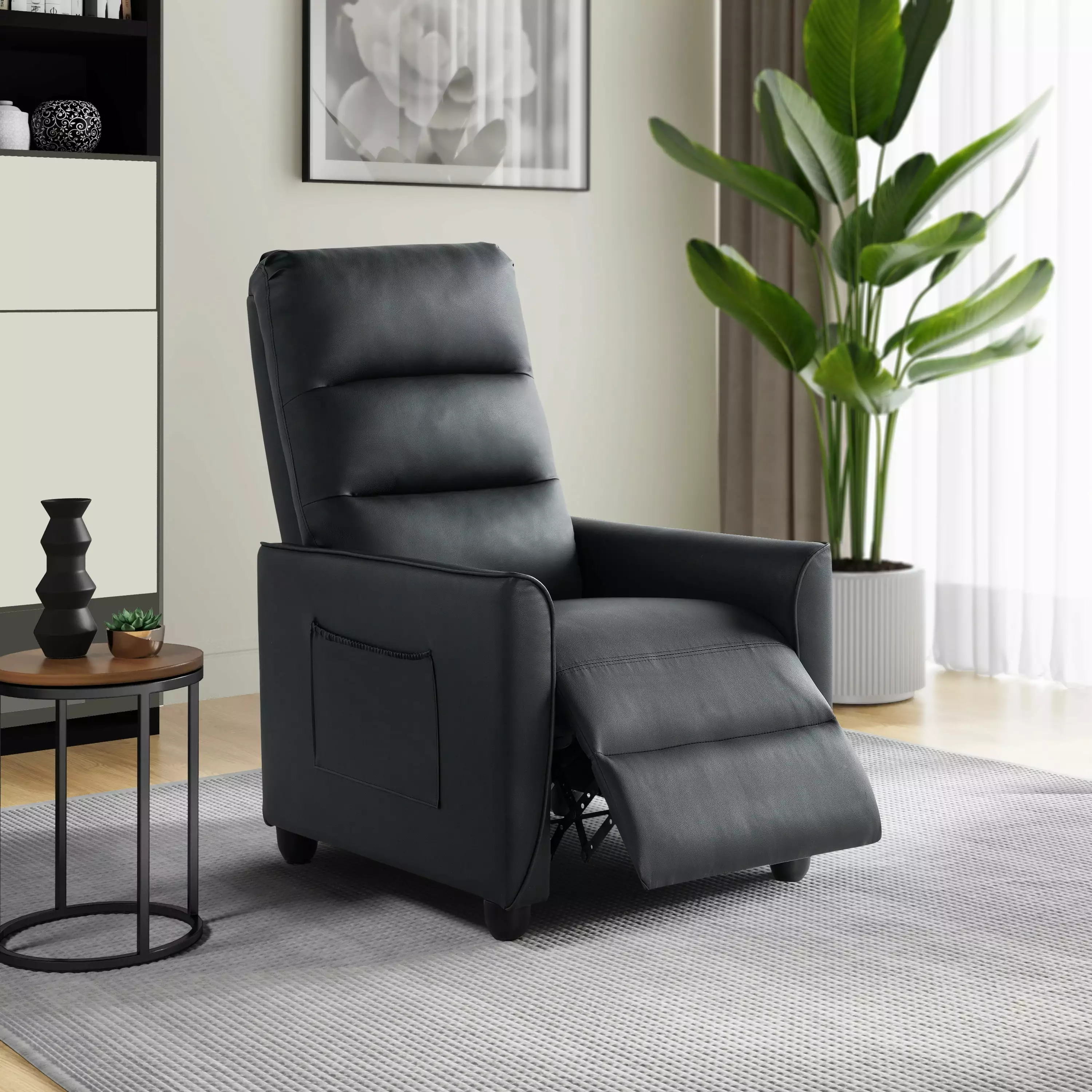 Relax Lounger Morgan Modern Pushback Recliner Black Faux Leather Living Room Chair Relax-A-Lounger