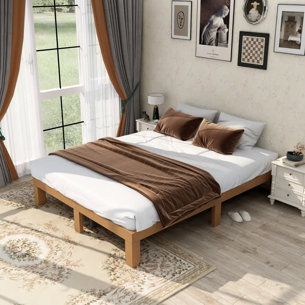 Queen Size Wood Platform Bed Frame No Box Spring Needed Strong Wood Slat Support rnb