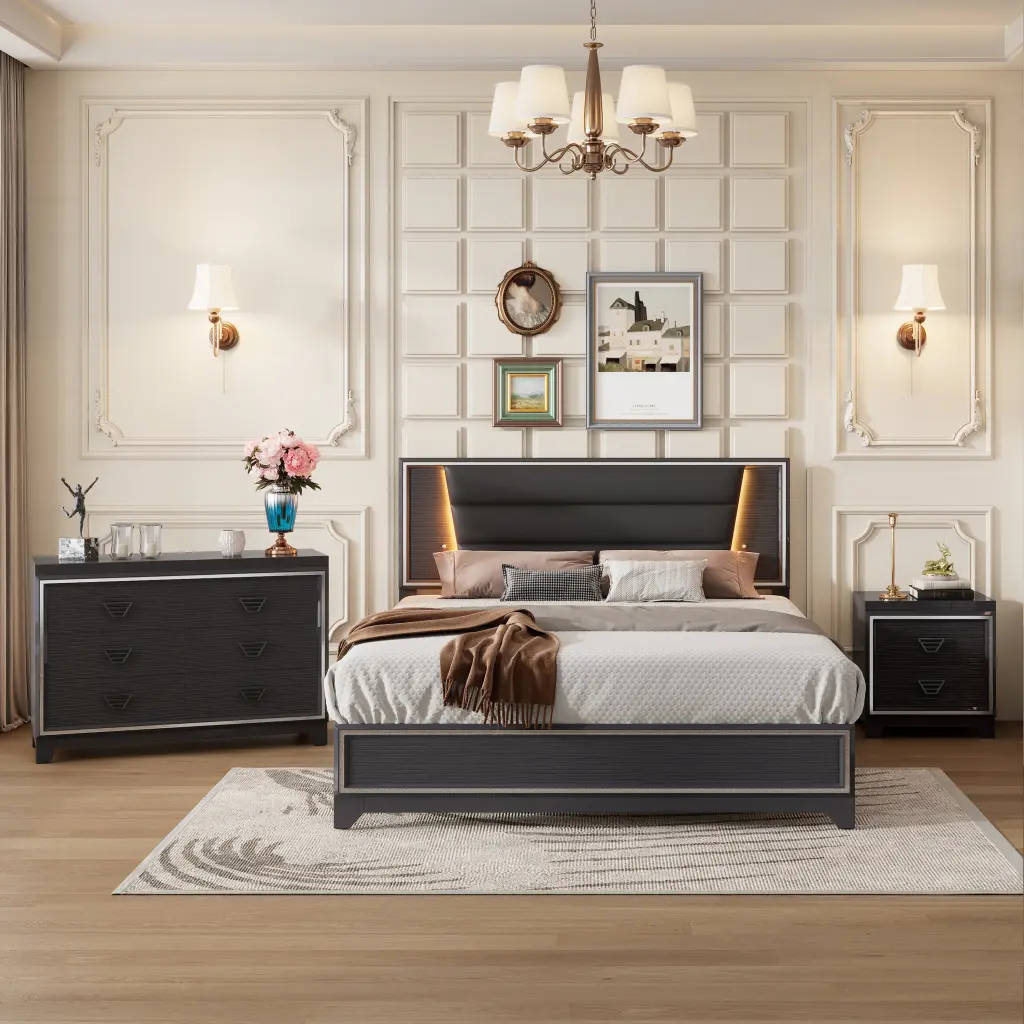 3 Piece Queen Size Upholstered Bedroom Set LED Lights and Nightstands homey life