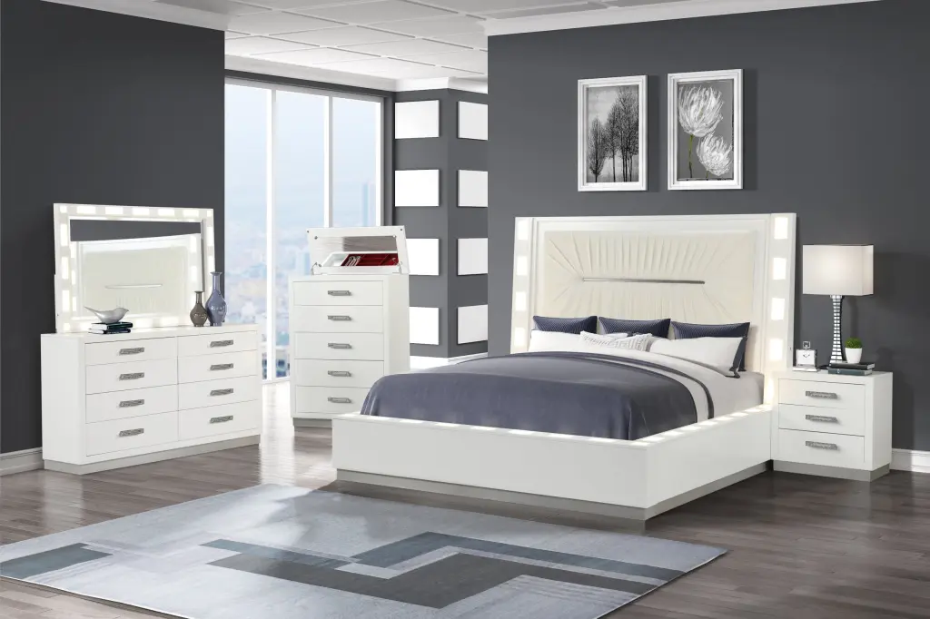 Coco Queen 5 Piece LED Bedroom Set Made Wood Milky White Box Spring galaxy home furnishings