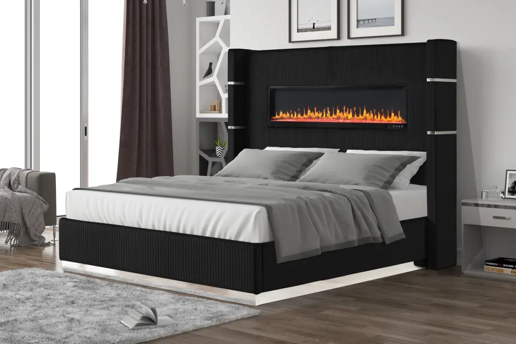 Lizelle Upholstery Wooden Queen Bed Ambient Lighting Black Velvet galaxy home furnishings