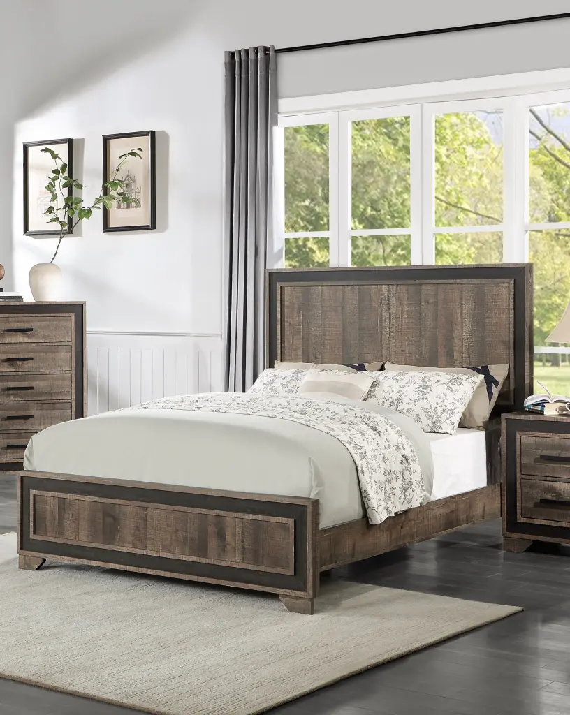 Oak Finish 1Pc Queen Size Bed High Headboard Mdf Particle Board Bedroom kanepe