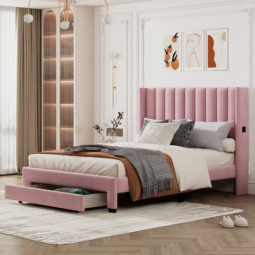 Queen Size Storage Bed Velvet Upholstered Platform Bed Big Drawer lucky furniture