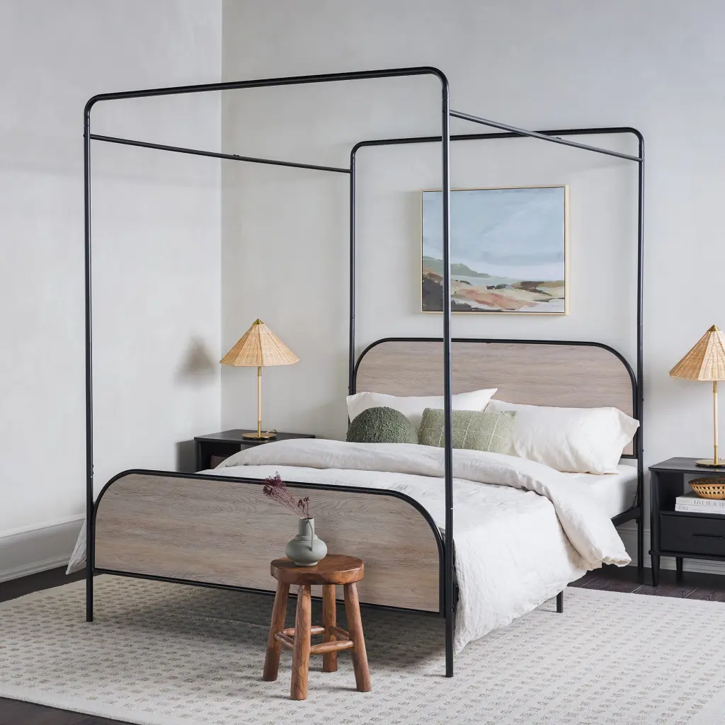 Modern Metal And Wood Canopy Queen Bedframe Smoked Oak Queen Brown Mdf Bed walker edison