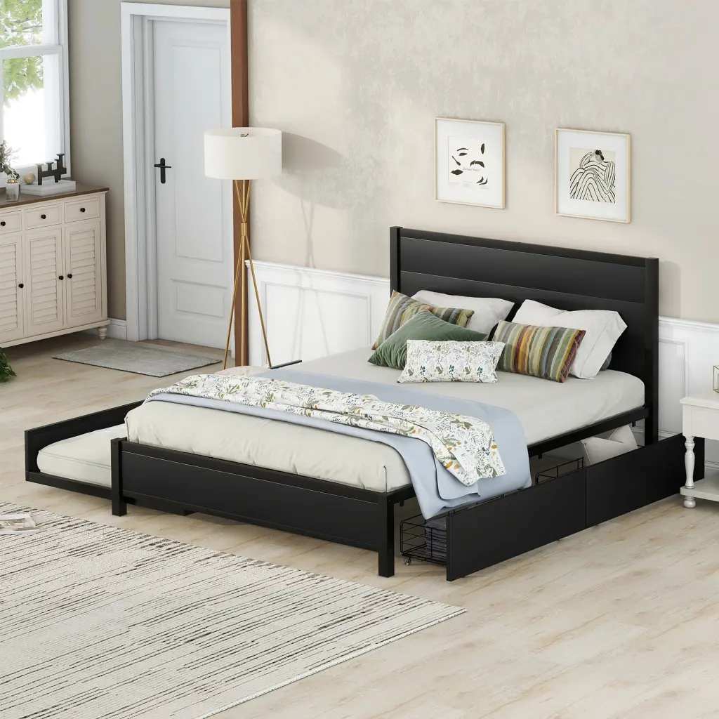 Metal Queen Size Storage Platform Bed Twin Trundle 2 Drawers wm store