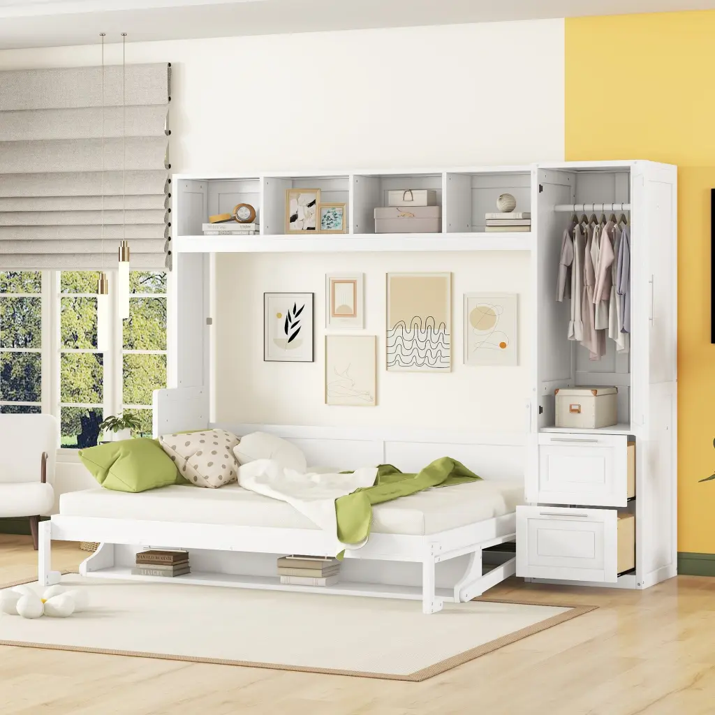 Queen Size Murphy Bed Wall Bed Closet And Drawers White lucky furniture