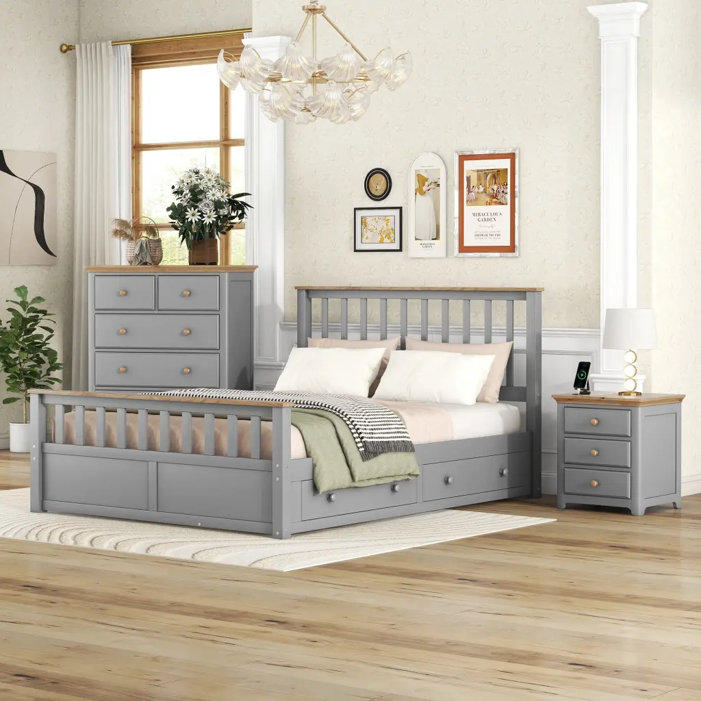 3 Pieces Bedroom Sets Queen Size Platform Bed Nightstand USB Charging homey life