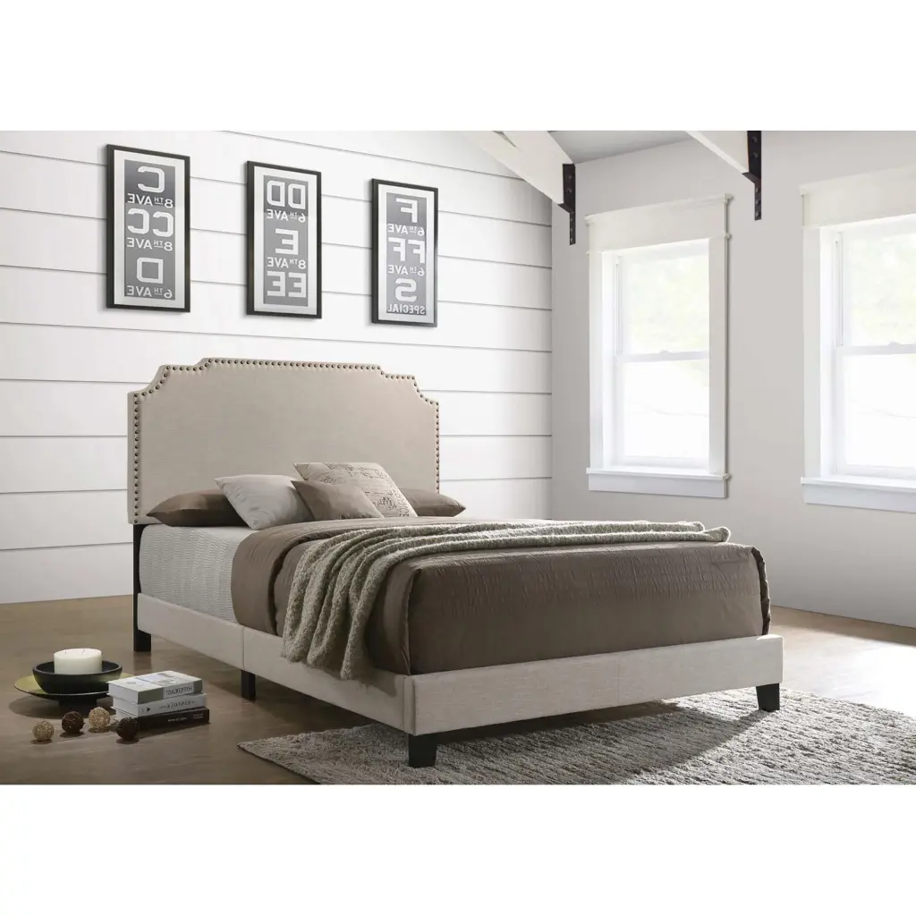 Beige Queen Panel Bed Trim Box Spring Required furniture max
