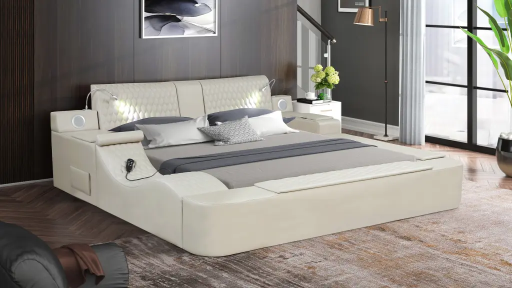 Zoya Intelligent Multifunctional Queen Size Bed Storage Beige Wood galaxy home furnishings