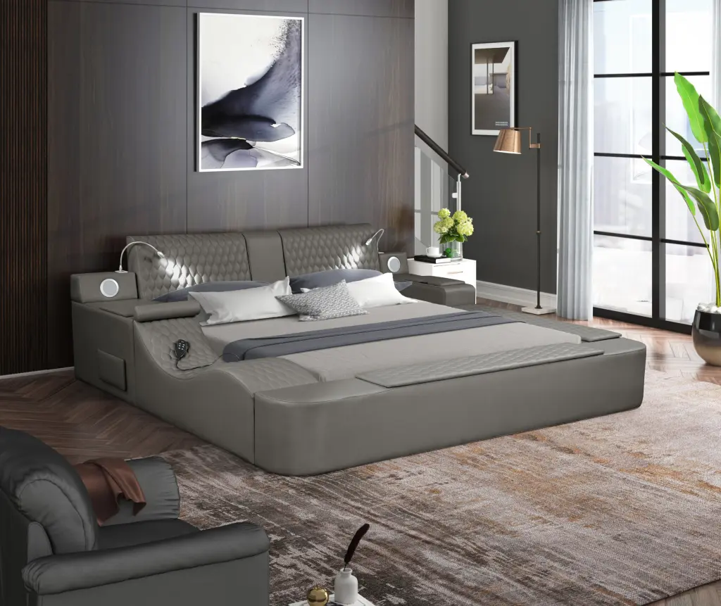 Zoya Intelligent Multifunctional Queen Size Bed Wood Frame Gray Box Storage Platform galaxy home furnishings