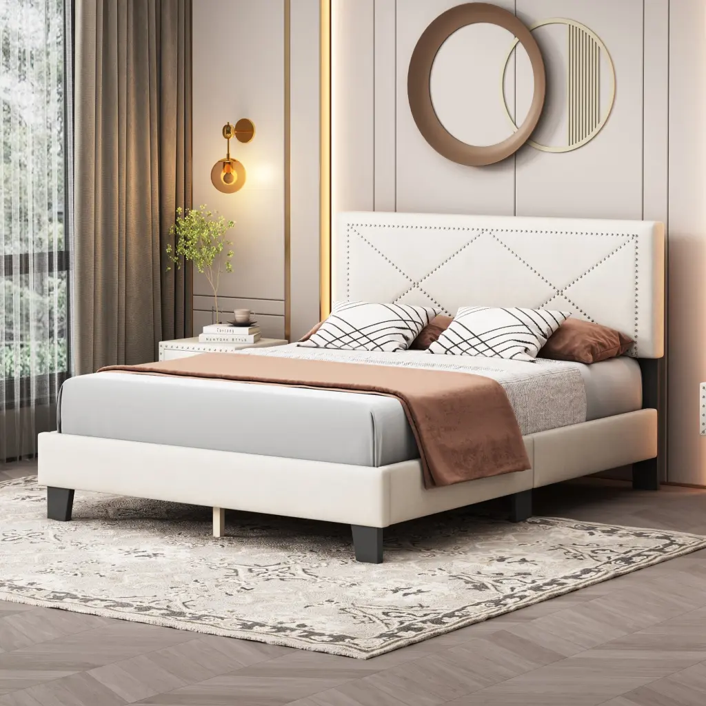 Effortless Queen Size Upholstered Bed Frame Rivet Design Modern Velvet Fabric homey life
