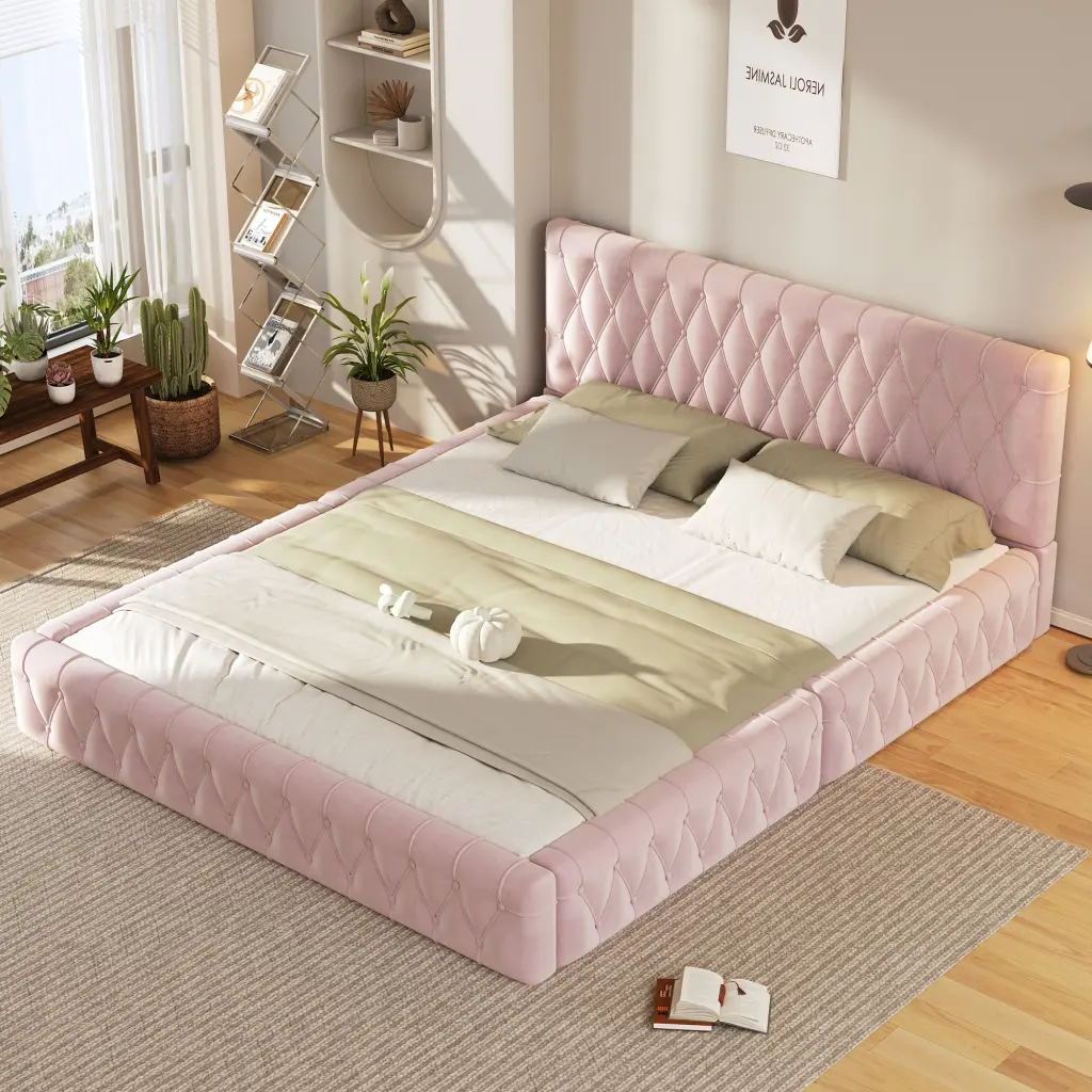 Queen Size Upholstered Bed Tufted Headboard Modern Velvet homey life