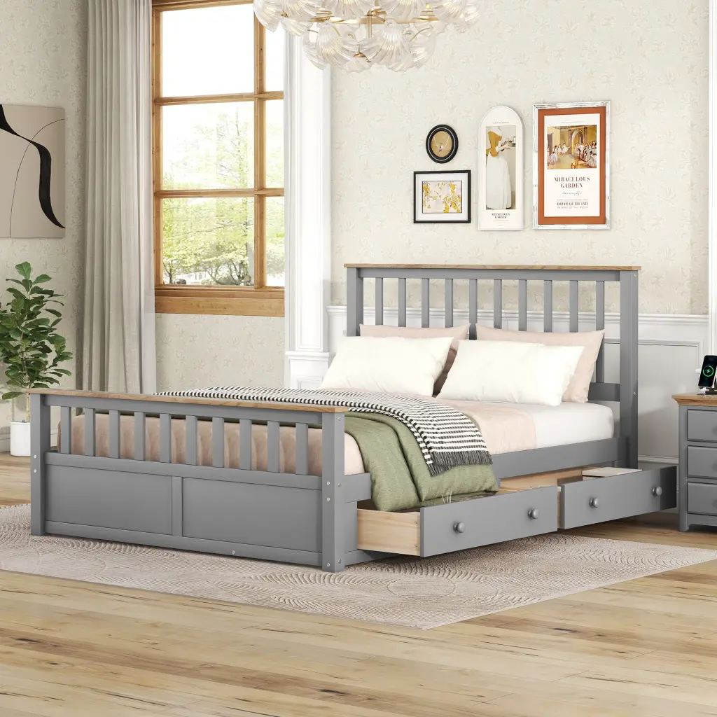 Queen Size Wood Platform Bed Two Drawers and Wooden Slat Support homey life