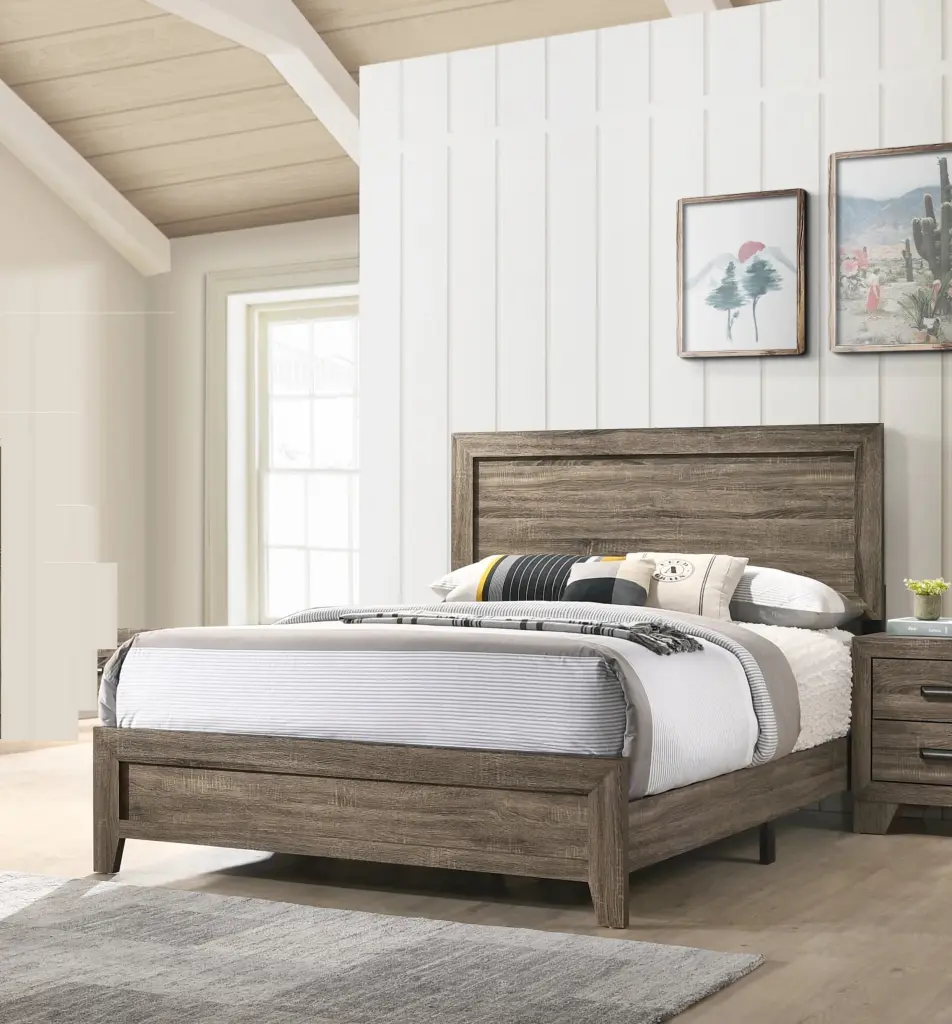 Grey Fabric Queen Size Panel Bed Wooden Bedroom Furniture kanepe
