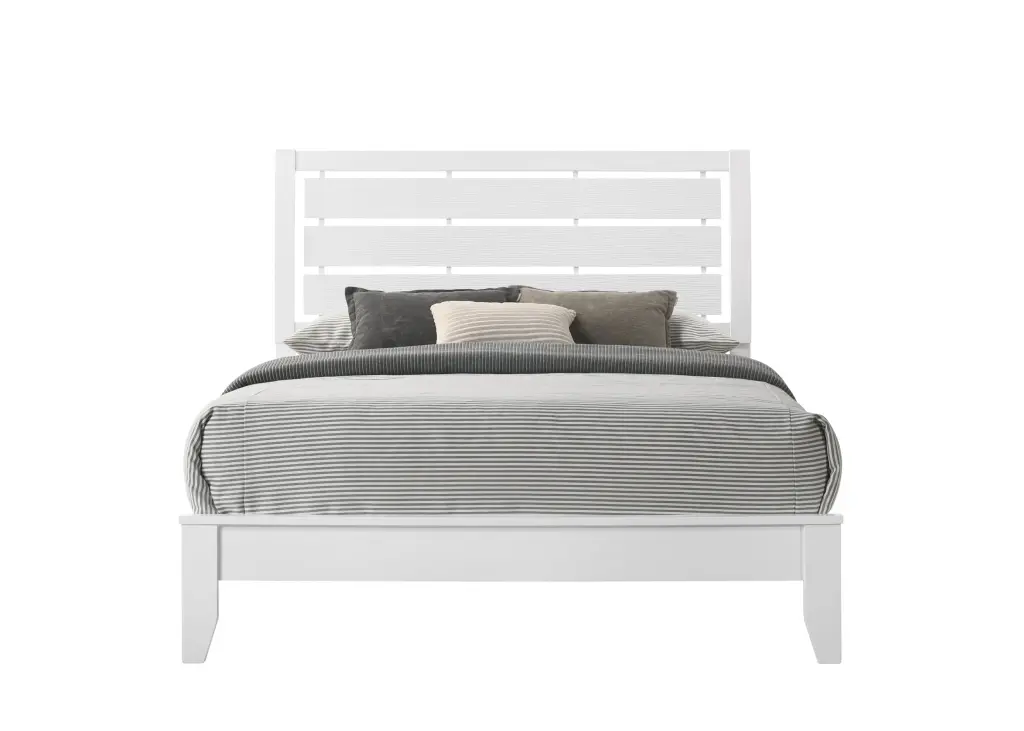 Queen Size White Finish Panel Bed Geometric Design Frame Softly Upholstered kanepe