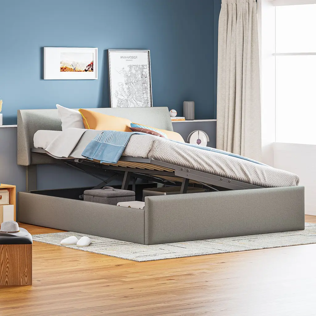 Queen Size Sleigh Bed Hydraulic Storage System Linen Upholstered Bed Frame lucky world