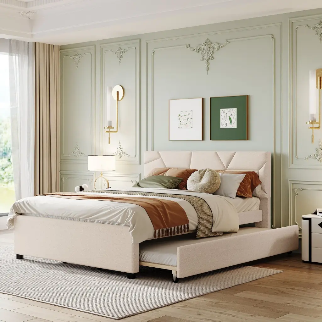 Queen Size Upholstered Platform Bed Brick Pattern Headboard And Storage lucky world