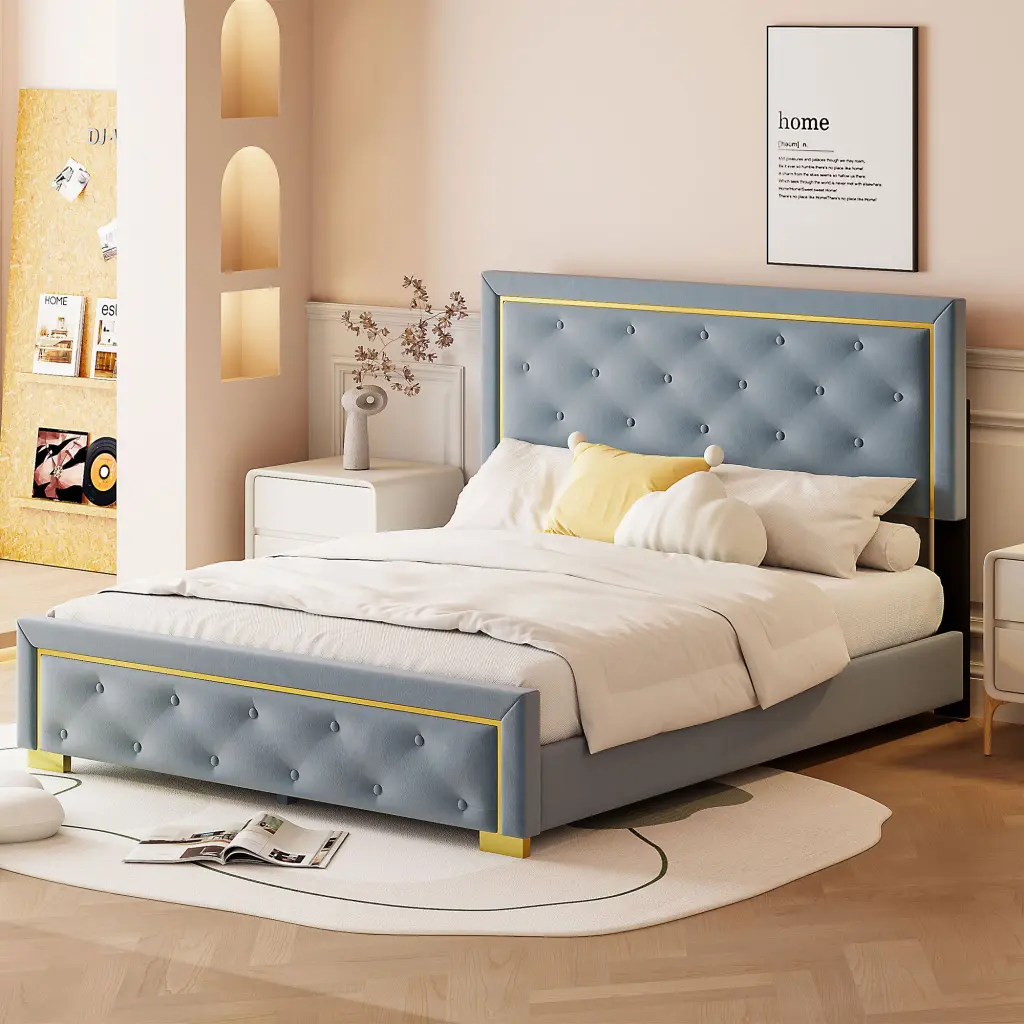 Queen Size Upholstered Platform Bed Pull Point Headboard And Metal Legs lucky world