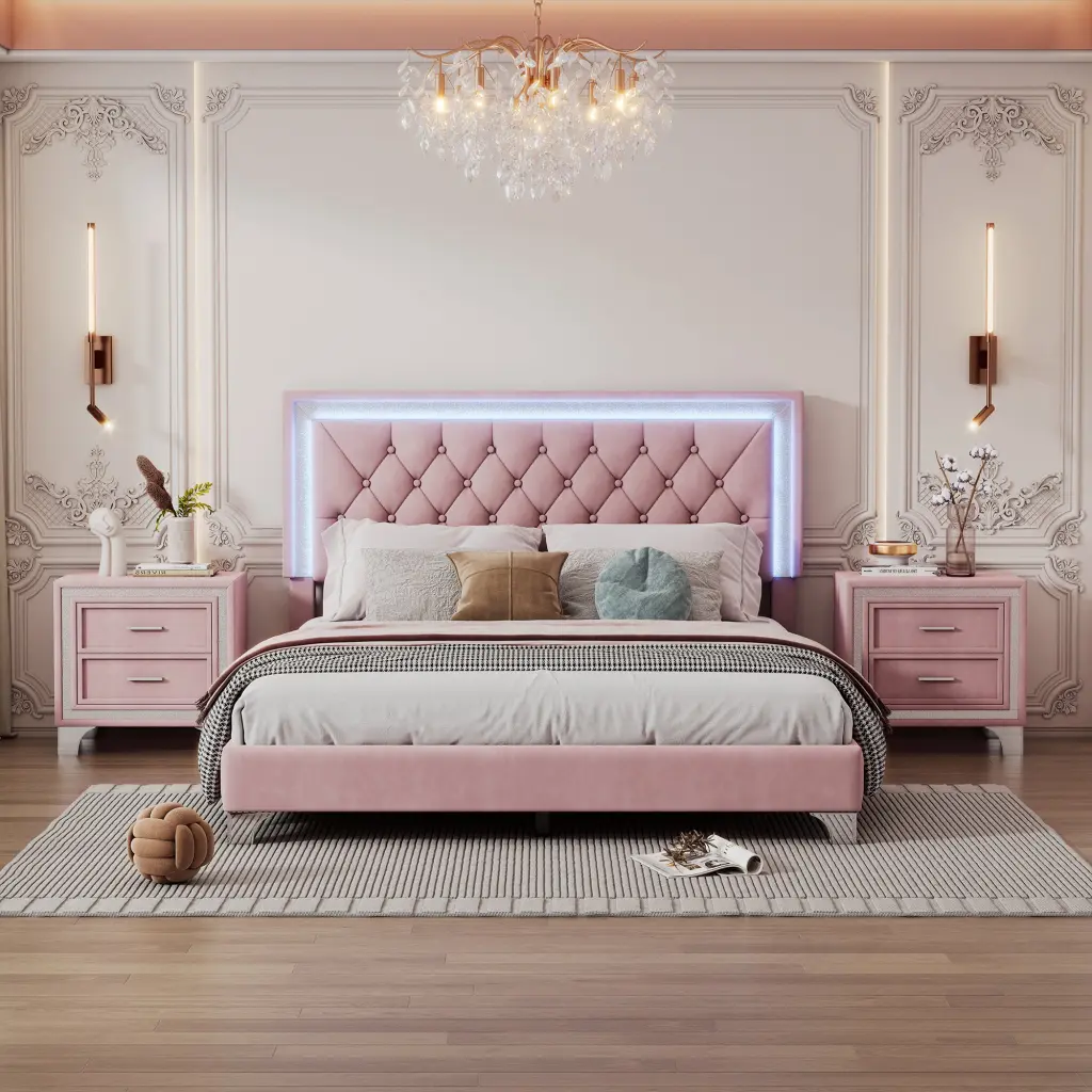 3 Pieces Bedroom Sets Queen Size Upholstered Platform Bed LED Lights rnb
