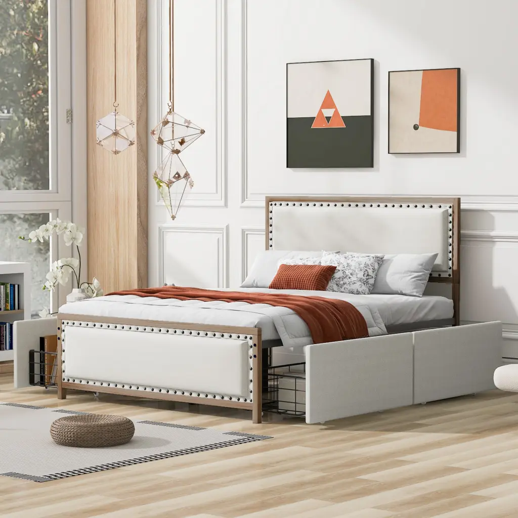 Queen Upholstered Platform Bed 4 Drawers and Decorative Headboard wm dreamland