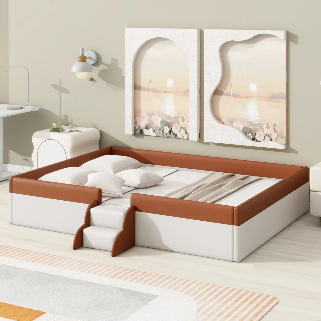 Queen Size Upholstered Daybed Frame Fence and Stairs Brown White lucky world