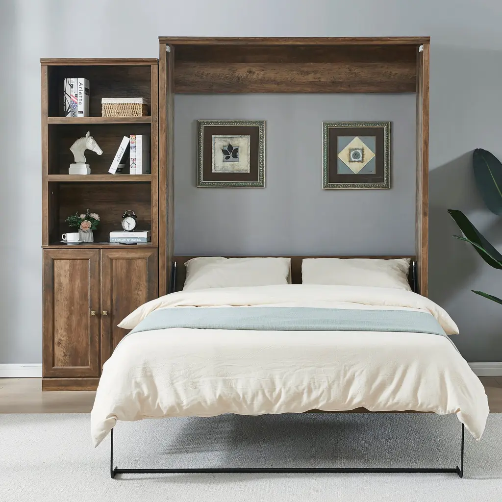 Queen Size Half Self Close and Open Murphy Bed 1 Side Cabinet Storage bed best